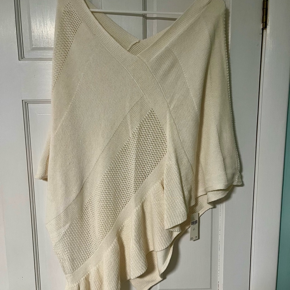 Anthropologie Cream Knit Ruffle Poncho